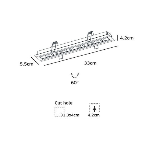 VK Lighting Commercial Linear Recessed LED Wall Light Warm White IP20 L33xD5.5xH4.2cm