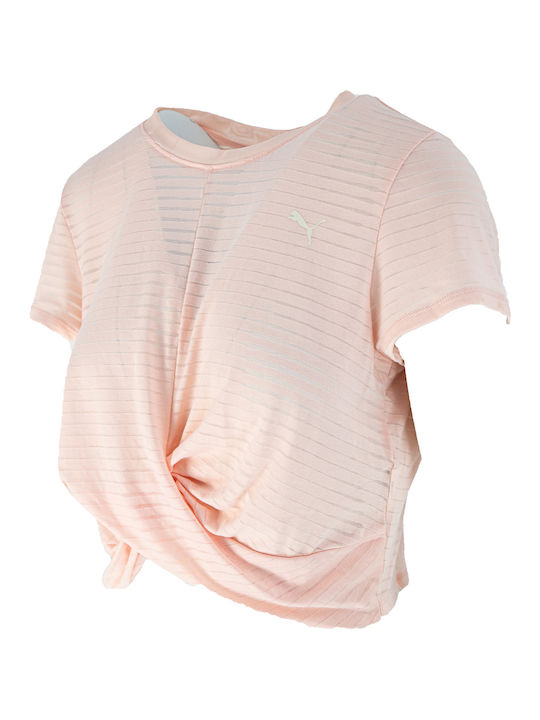 Puma Damen Sportlich T-shirt mit V-Ausschnitt Gestreift Rosa