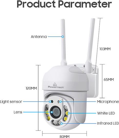 Powertech PT-1144 IP Surveillance Camera Wi-Fi Full HD 1080p Waterproof with Two-Way Communication and Lens 3.6mm