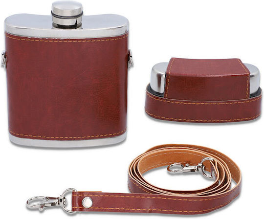 Flask Σετ Φλασκί Ανοξείδωτο με Σφηνοπότηρα Καφέ 240ml