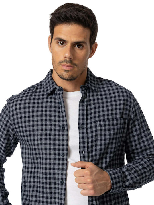 Long-sleeved Cotton Shirt Checked Gray