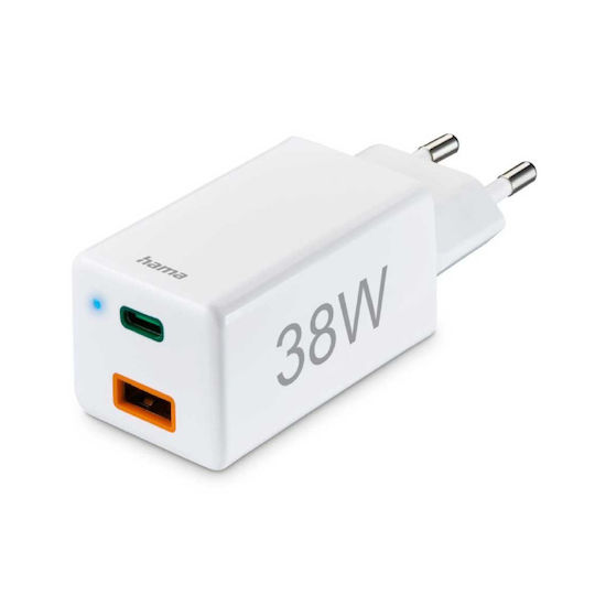 HAMA Kabeloser Handyladegerät mit USB-A und USB-C Ausgangsanschlüsse 38W Stromlieferung / Schnellladetechnologie Weiß (201640)