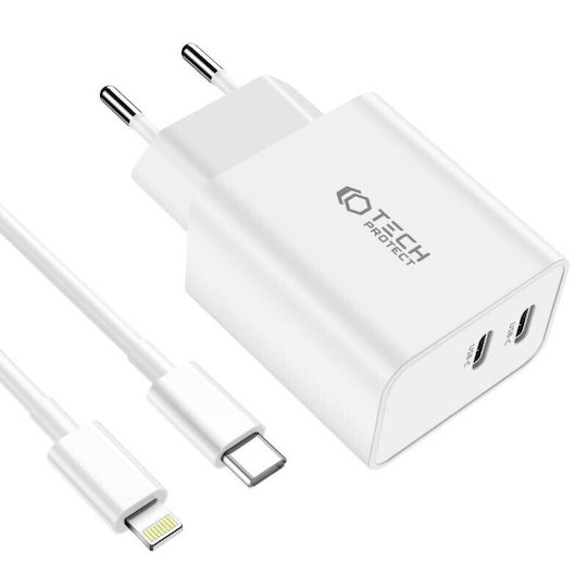 Tech-Protect Φορτιστής με 2 Θύρες USB-C και Καλώδιο USB-C - Lightning 35W Power Delivery Λευκός (C35W)