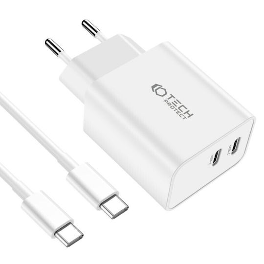 Tech-Protect Charger with 2 USB-C Ports and Cable USB-C 35W Power Delivery Whites (C35W)