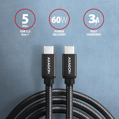 Axagon Braided USB 3.2 Cable USB-C male - USB-C male 60W Black 3m (BUCM3-CM30AB)