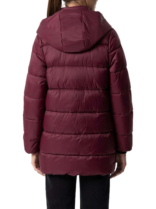 Tiffosi Women's Short Puffer Jacket for Winter with Detachable Hood Burgundy