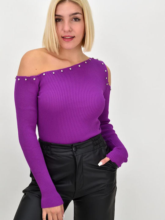 Potre Women's Blouse Off-Shoulder Long Sleeve Purple