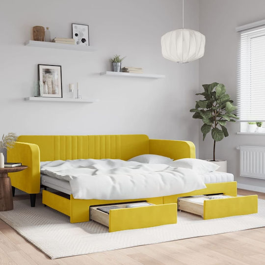Sofa Bed Single Upholstered with Fabric Yellow with Slats & Mattress 100x200cm