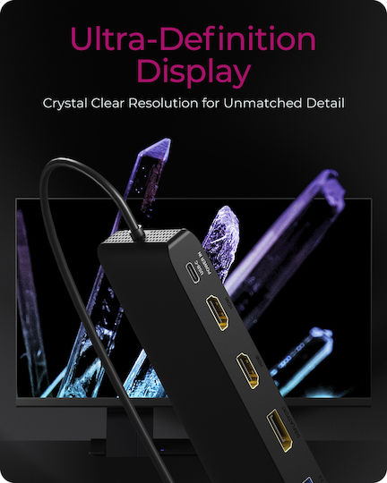 Icy Box USB-C Docking Station με HDMI/DisplayPort 4K PD Ethernet και σύνδεση 3 Οθονών Μαύρο (IB-DK2116-C)
