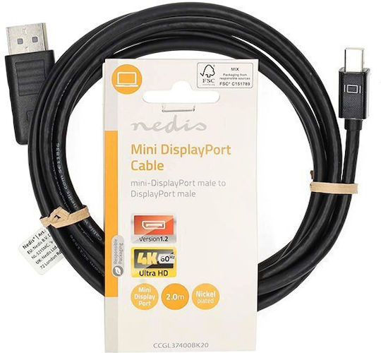 Nedis Cable DisplayPort male - mini DisplayPort male 2m Μαύρο (CCGL37400BK20)