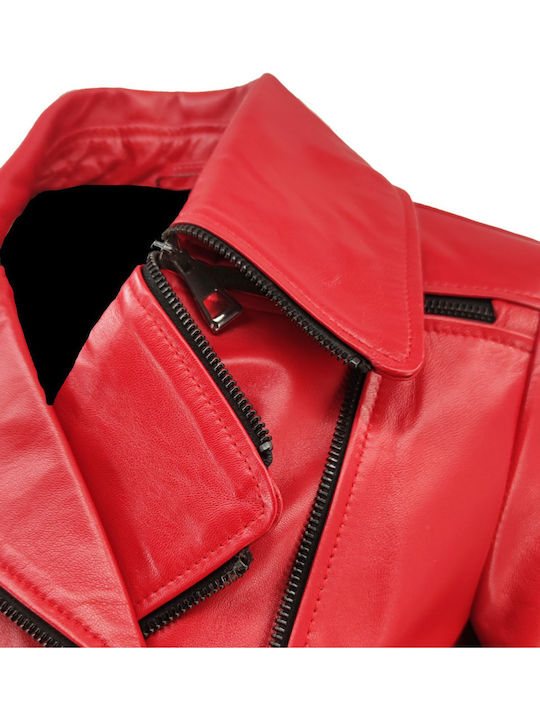 Women's Short Lifestyle Leather Jacket for Winter Red
