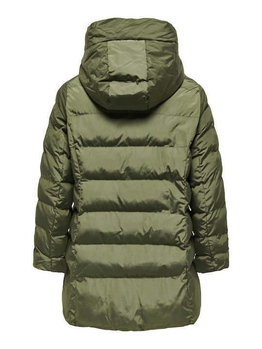 Only Women's Long Puffer Jacket Windproof for Spring or Autumn Green