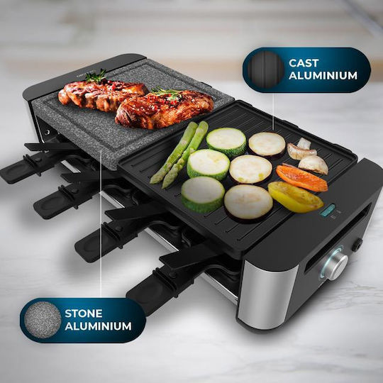 Cecotec Cheese&grill 16000 Inox Mixgrill Επιτραπέζια Ηλεκτρική Ψησταριά Raclette Λείας και Αυλακωτής Πλάκας 1400W Ανοξείδωτη με Ρυθμιζόμενο Θερμοστάτη 22x20εκ.