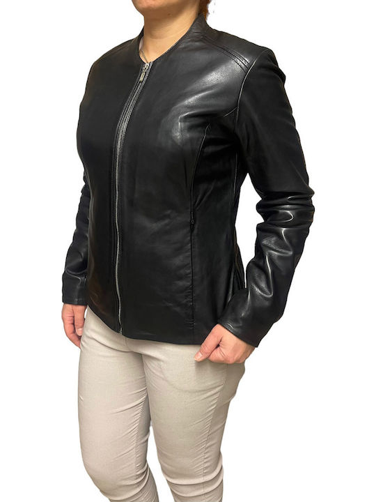 Women's Short Lifestyle Leather Jacket for Winter Black