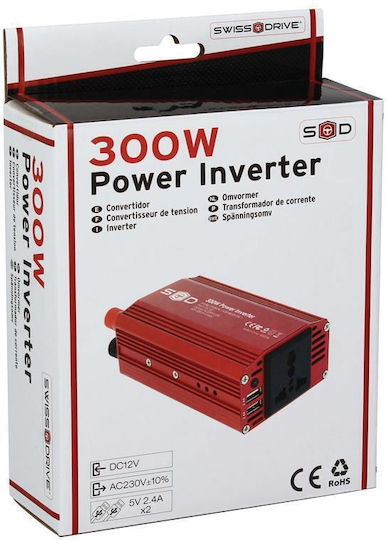 Swiss Drive Swiss Drive Invertor Auto 300W pentru Convertirea 12V DC în 230V AC cu 2xUSB