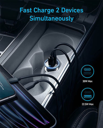 Anker Powerdrive Φορτιστής Αυτοκινήτου 52.5W 3A με Θύρες: 1xUSB 1xType-C Μαύρο Χρώμα