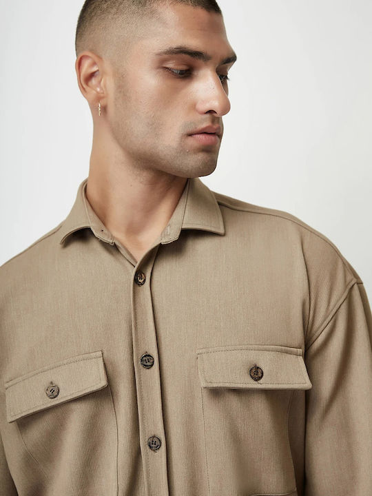 Μακρυμάνικo Overshirt σε Κανονική Γραμμή Μπεζ
