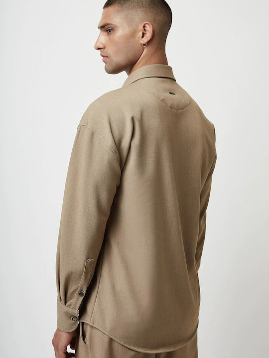 Μακρυμάνικo Overshirt σε Κανονική Γραμμή Μπεζ