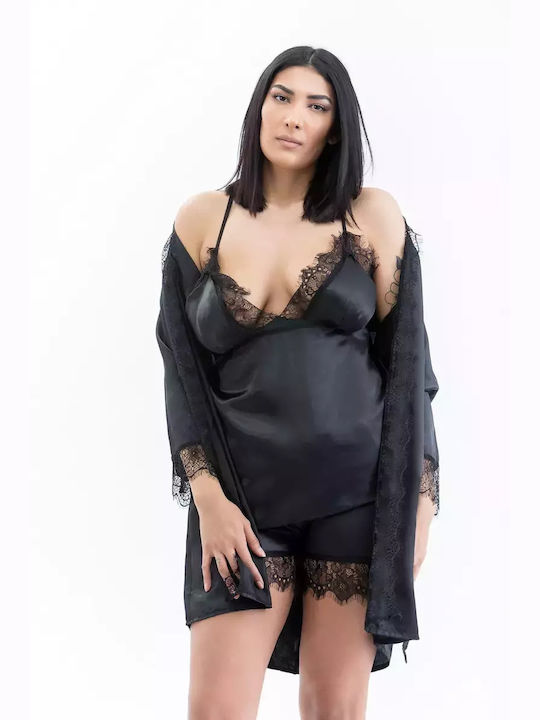 Lafagot Winter Damen Satin Robe mit Pyjama Schwarz