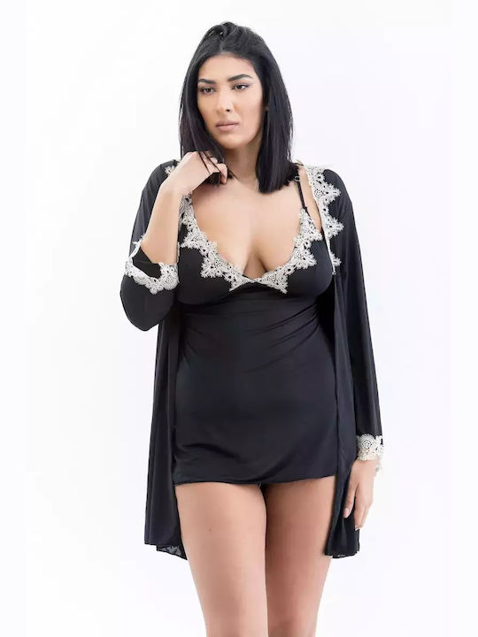 Lafagot Winter Damen Robe mit Nachthemd Schwarz