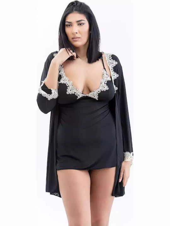 Lafagot Winter Women's Robe with Nightdress Black