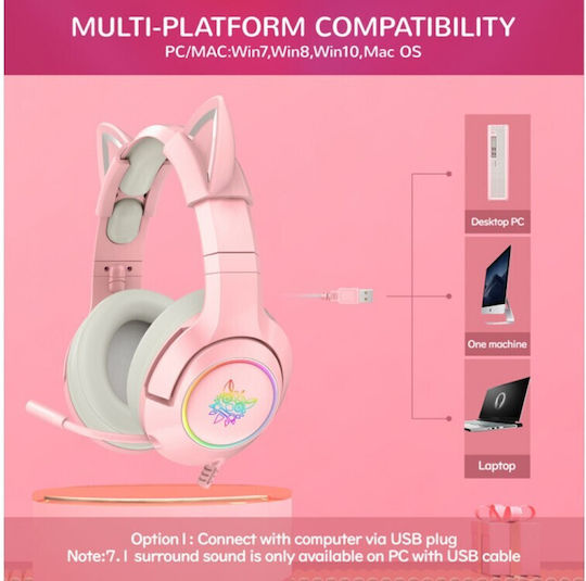 Onikuma K9 USB Over Ear Gaming Headset με σύνδεση USB Ροζ