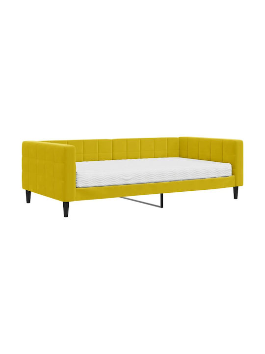 Sofa Bed Single Upholstered with Fabric Yellow with Slats & Mattress 100x200cm