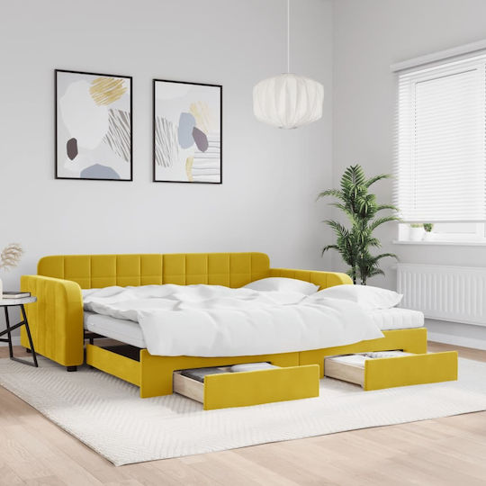 Sofa Bed Single Upholstered with Fabric Yellow with Slats & Mattress 100x200cm