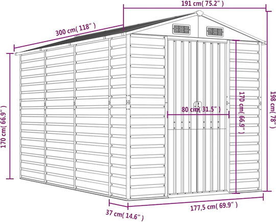 Metallic Galvanized Garden Shed with Air Vents L1.91xW3xH1.98m