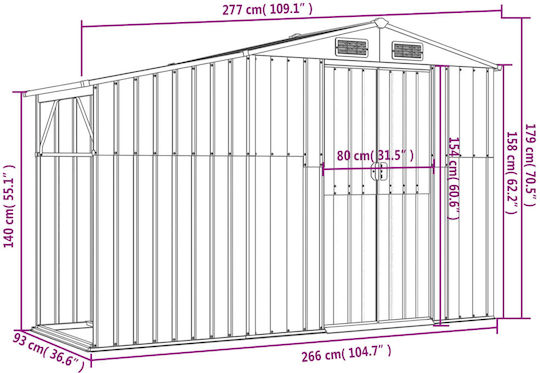 Metallic Garden Shed Galvanized Green with Air Vents L2.77xW0.93xH1.79m