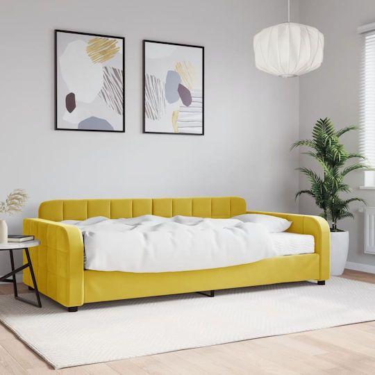 Canapea Pat Single din Lemn Masiv Galben cu Lamele & Saltea 100x200cm
