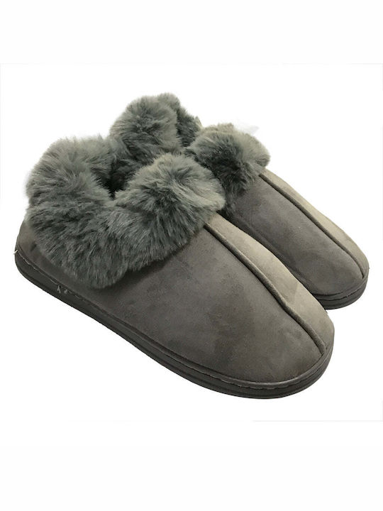 Ustyle Closed-Toe Women's Slippers with Fur Gray