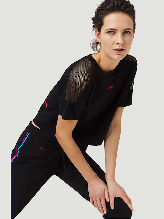 Women's Athletic Crop Top Short Sleeve with Sheerness Black