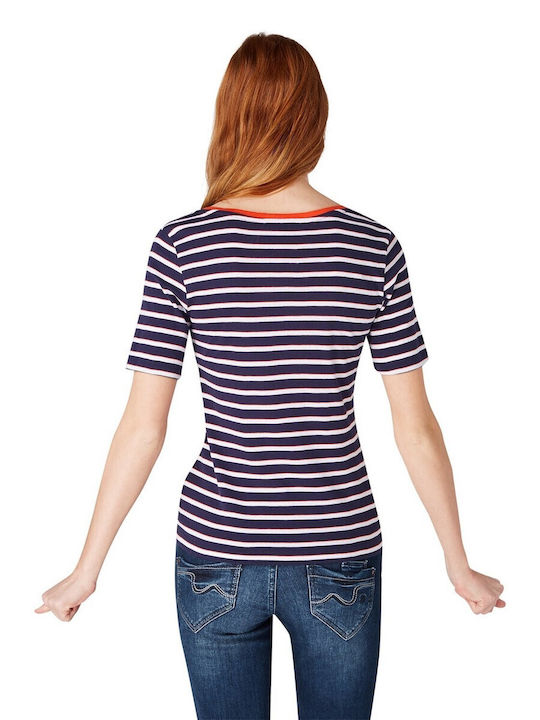 Tom Tailor Damen Sommer Bluse Kurzärmelig mit V-Ausschnitt Gestreift Marineblau