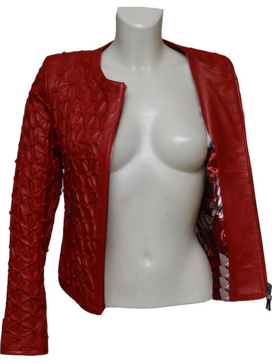 Women's Short Lifestyle Leather Jacket for Winter Red