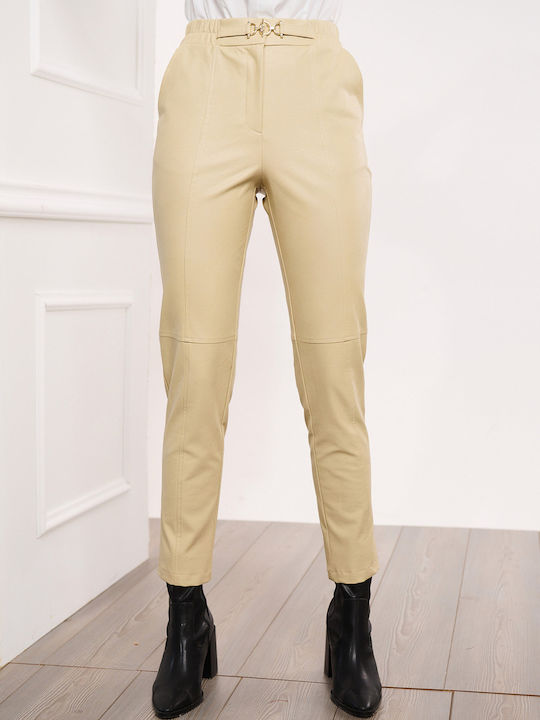 Emporio Grama Damen Leder Hose mit Gummizug Beige