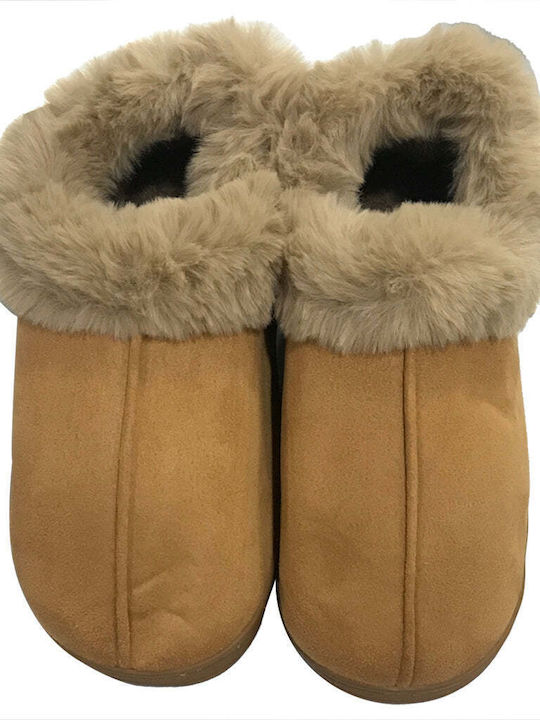 Ustyle Closed-Toe Women's Slippers with Fur Brown