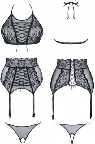 Demoniq Vanda Bra Set with Garter & Thong Sexy Dessous-Set Schwarz
