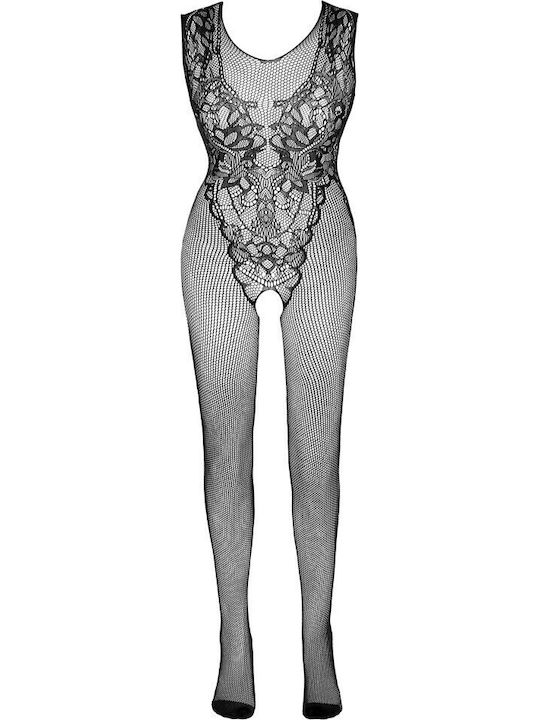 Mandy Mystery Fishnet Catsuit & Integrated Lace Body Sexy Bodystockings with Open Crotch Black