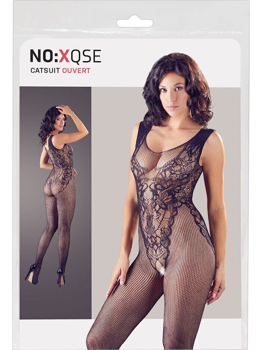 Mandy Mystery Fishnet Catsuit & Integrated Lace Body Sexy Bodystockings with Open Crotch Black