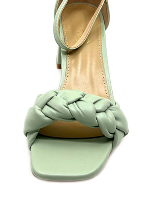 Queen Accessories Leather Women's Sandals Green with Chunky Medium Heel