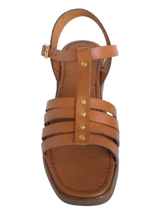 56. Leather Women's Flat Sandals with Strap in Tabac Brown Color