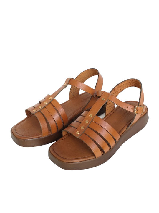 56. Leather Women's Flat Sandals with Strap in Tabac Brown Color