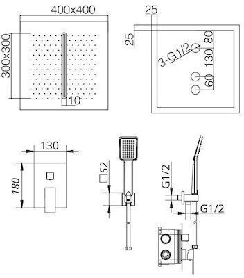 Excel Sierra Set Mischer, Handbrause & Duschkopf für Wandmontage für Dusche 3 Ausgänge Silber