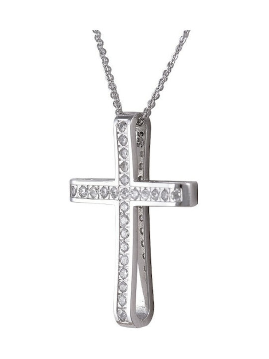 Baptismal cross with chain, female, 14K white gold, with white cubic zirconia (SE000129)* 1446Λ