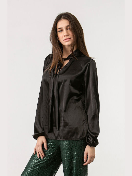 Satin blouse with tie front BLACK 19-103-022