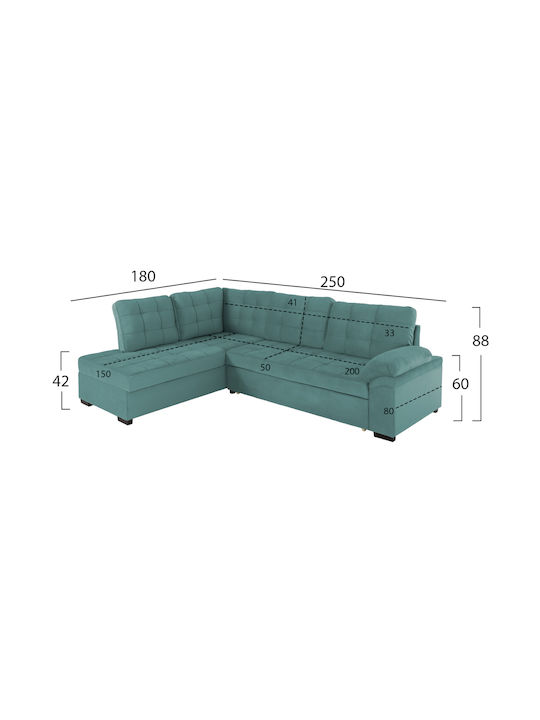 Jade Corner Couch Bed with Left Corner Velvet Green 250x180x88 cm