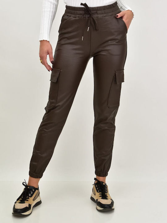 Potre Women's Leather Cargo Trousers with Elastic Brown