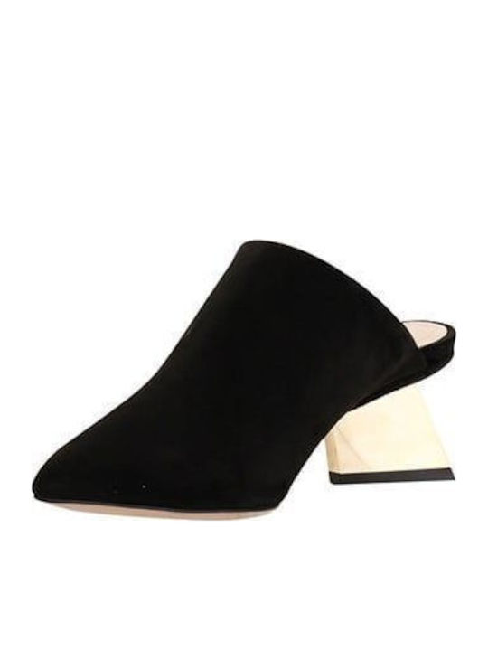 Suede Mules with Chunky Low Heel in Black Color