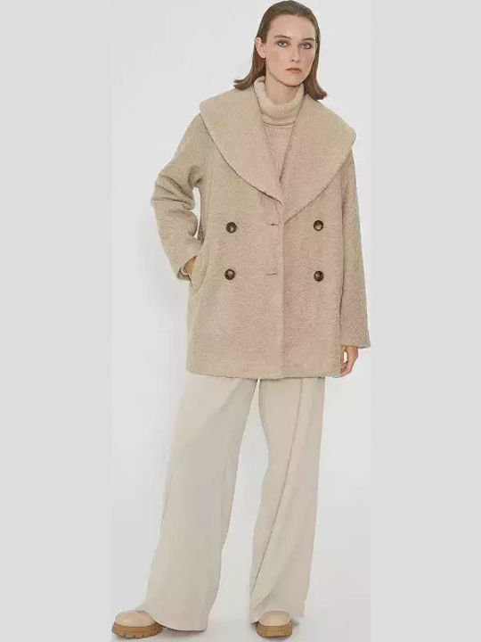 Μπουκλέ Γυναικείο Μπεζ Παλτό Oversized με Κουμπιά